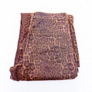 OAT NY Brown Leopard Patterned Printed WIde Leg Raw Hem Denim Jeans Size 4 / 27